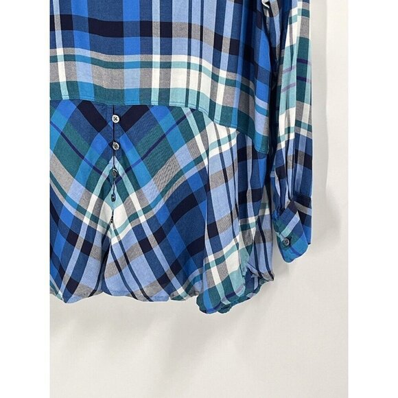 Talbots Blue Plaid Button Down Shirt Peplum Rayon Sz 2X Petite - Picture 6 of 7